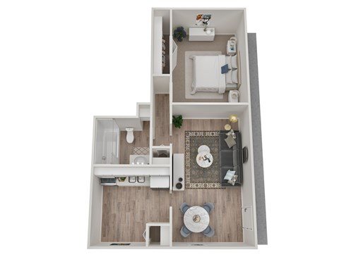 A top-down view of a small apartment with a kitchen, living room, and bathroom.
